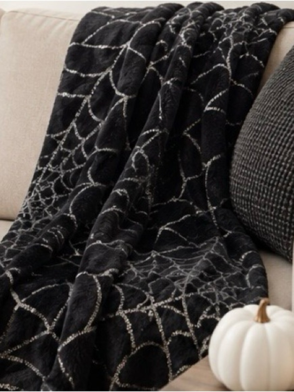Plush Throw Blanket - Black with Silver Spiderweb Throw Blanket, Halloween Throw